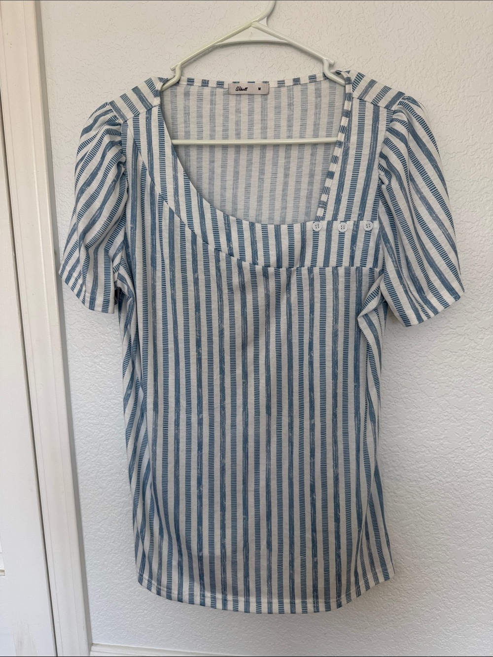 Blue and White Striped Square Neck Short Sleeve Top